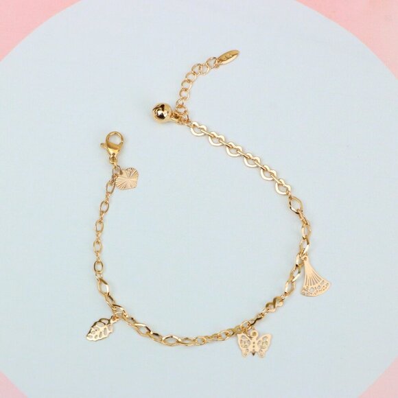 "Rose Gold Butterfly Leaf Charm Anklet in Gold Plated Brass, XPAL1047 - Picture 3 of 12